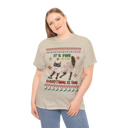 It's Fine I'm Fine Everything is Fine Cat in Lights Christmas Ugly Sweater Short Sleeve Tee