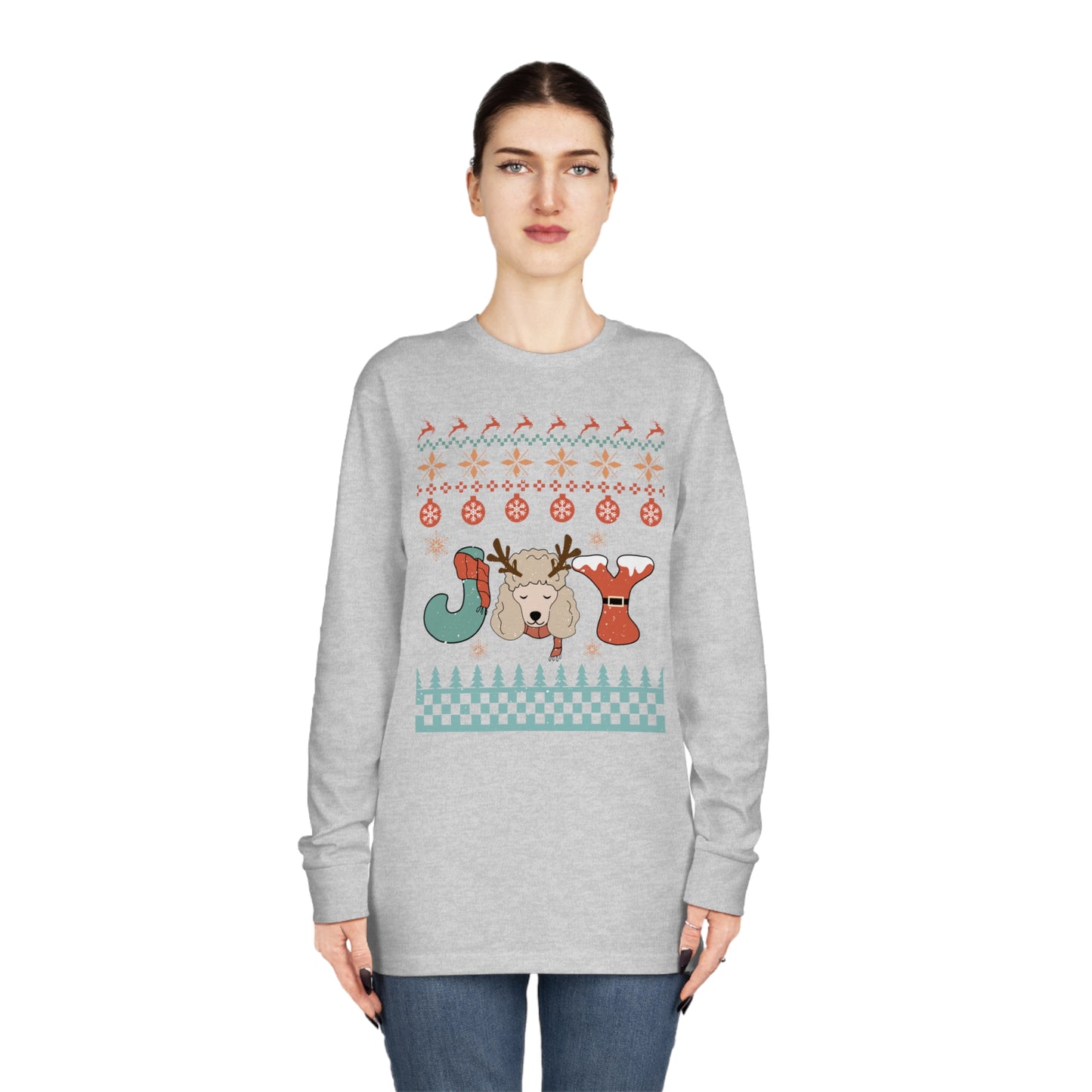 Joy Miniature Poodle Dog Christmas Ugly Sweater Long Sleeve Tee