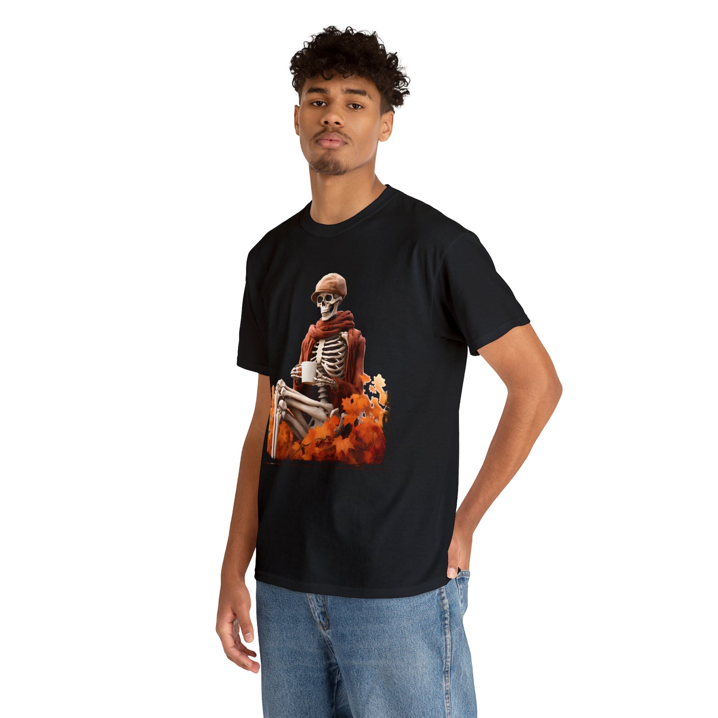 Skeleton in Fedora Sitting With Fall Leaves Halloween Short Sleeve Tee