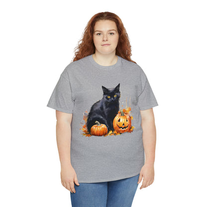 Black Cat with Pumpkin Halloween Short Sleeve Tee