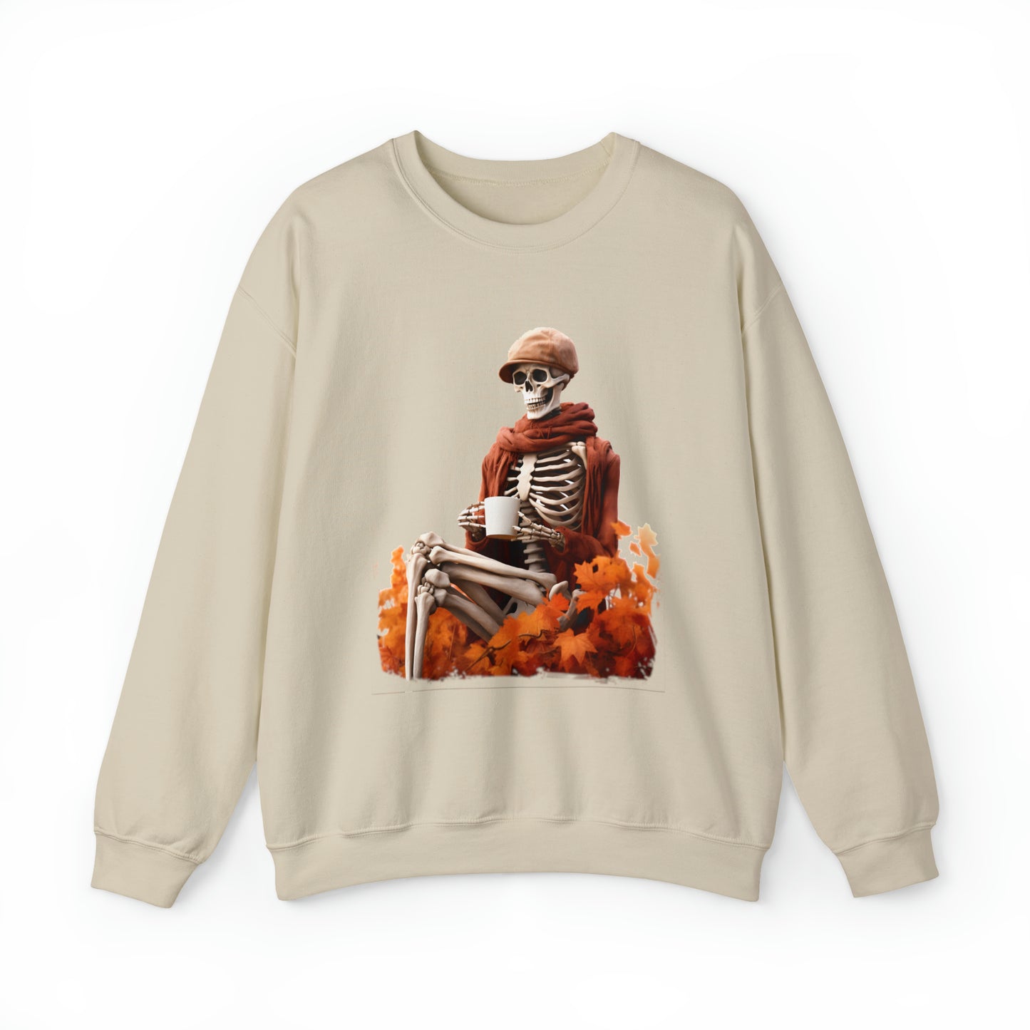 Skeleton in Fedora Sitting With Fall Leaves Halloween Sweatshirt