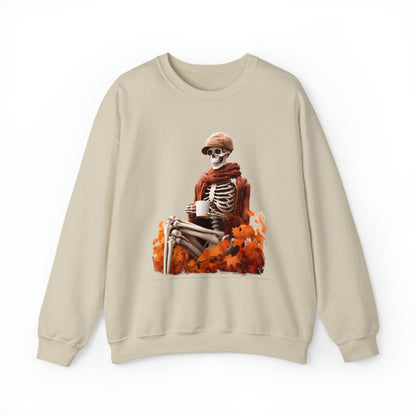Skeleton in Fedora Sitting With Fall Leaves Halloween Sweatshirt
