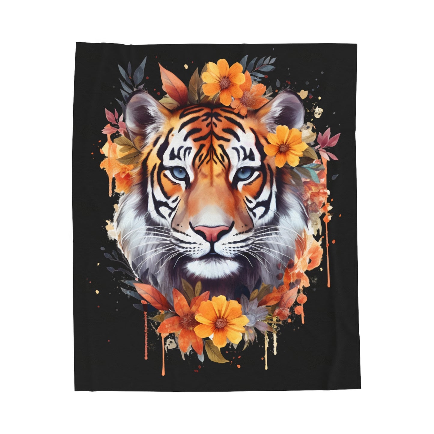 Tiger Head with Flowers Blanket