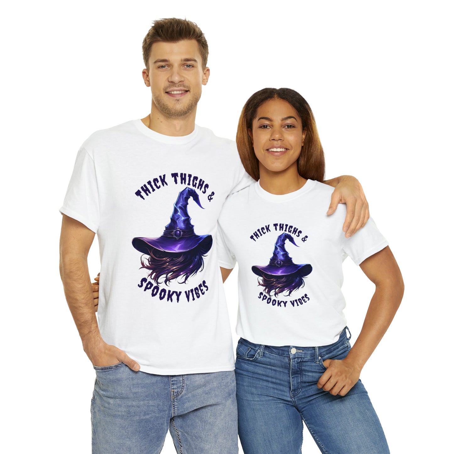 Thick Thighs And Spooky Vibes Witch Hat Halloween Short Sleeve Tee