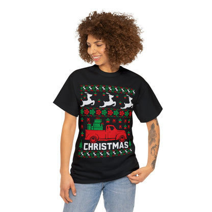 Red Merry Christmas Truck Ugly Sweater Short Sleeve Tee
