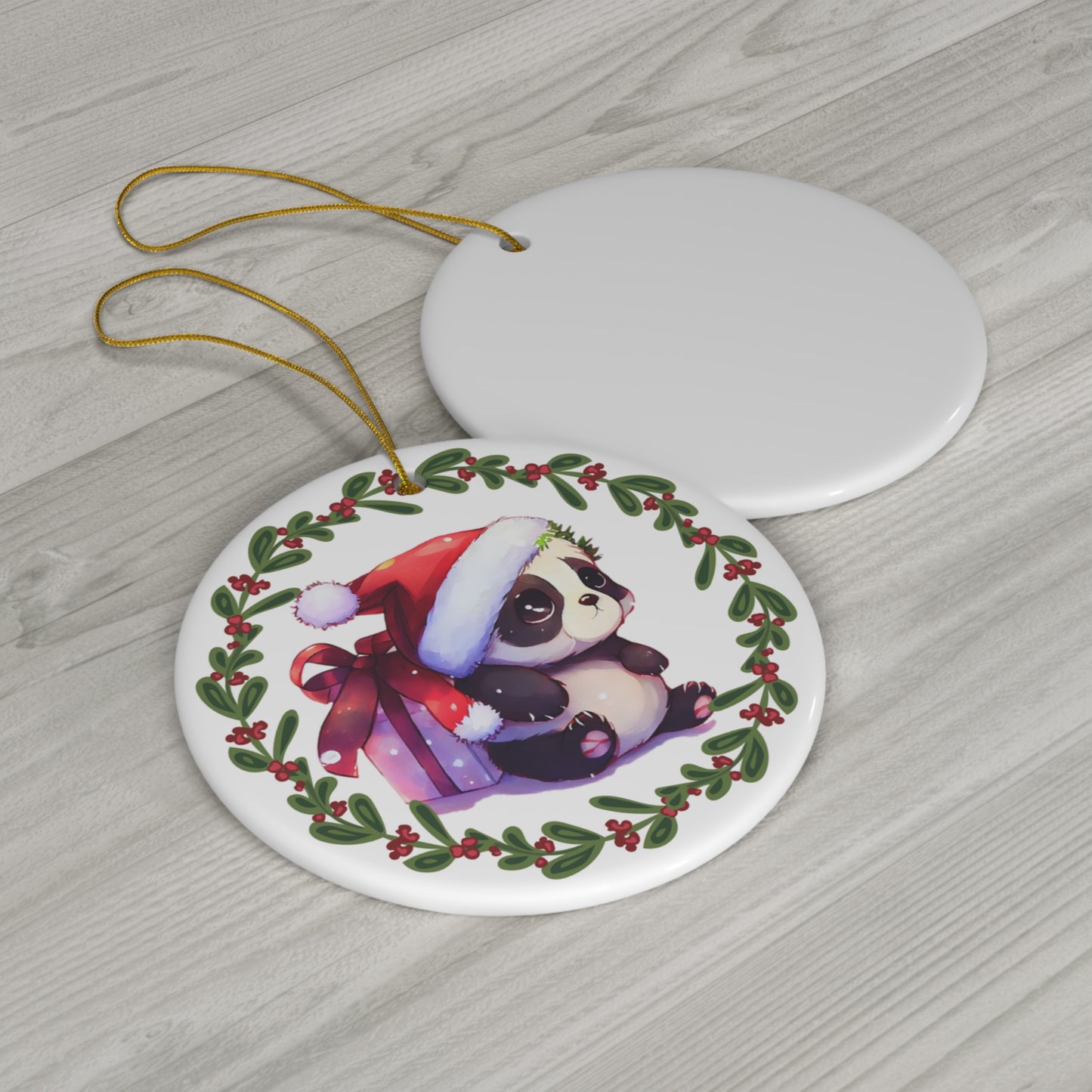 Cute Panda Sitting with Present Christmas Ceramic Ornament