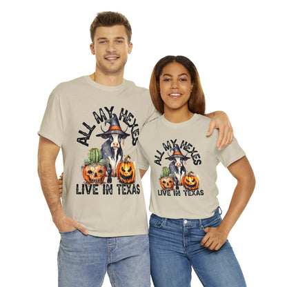 All My Hexes Live In Texas Cow With Pumpkins Halloween Short Sleeve Tee