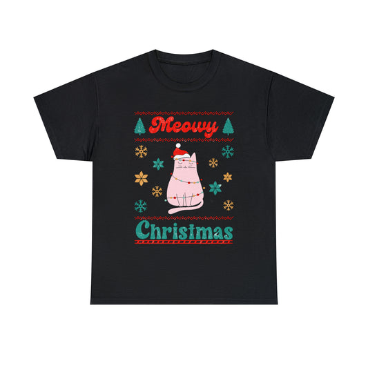 Meowy Christmas Cat In Lights Ugly Sweater Short Sleeve Tee
