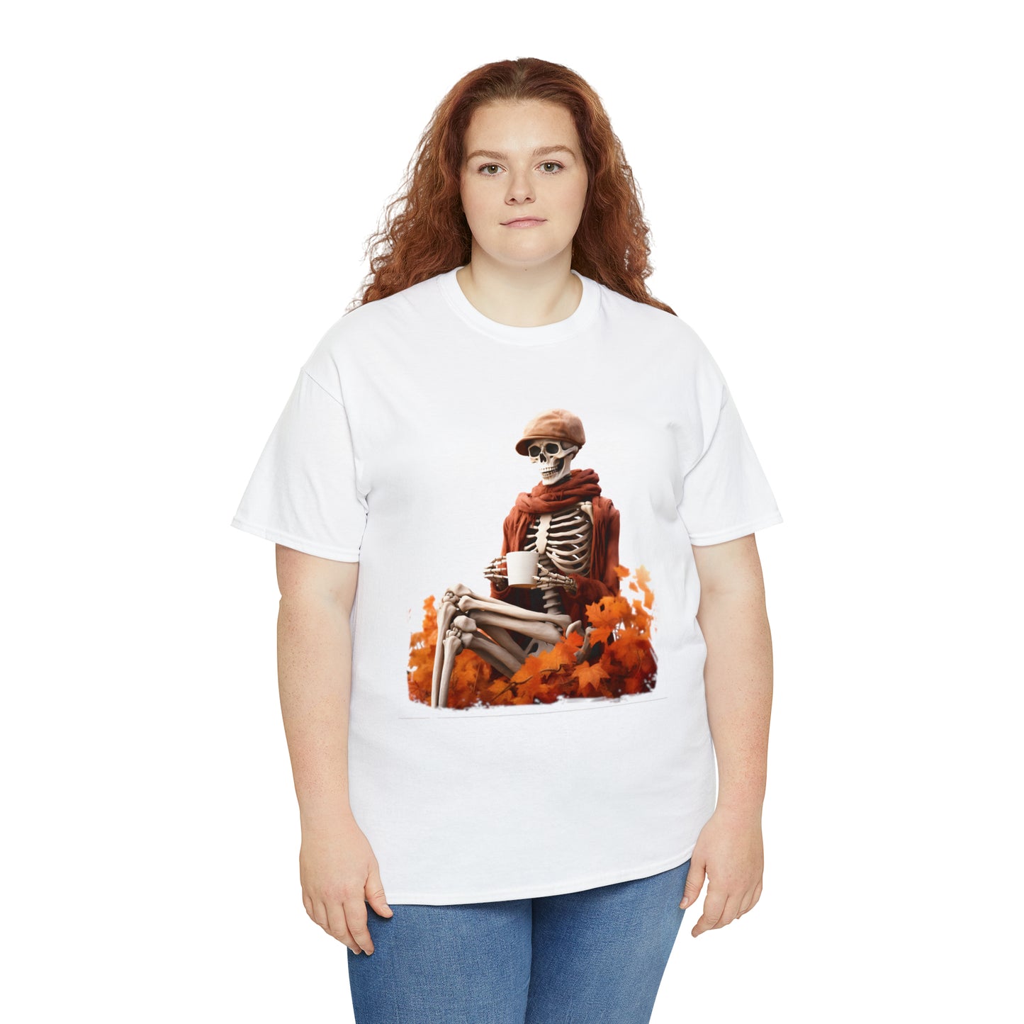 Skeleton in Fedora Sitting With Fall Leaves Halloween Short Sleeve Tee