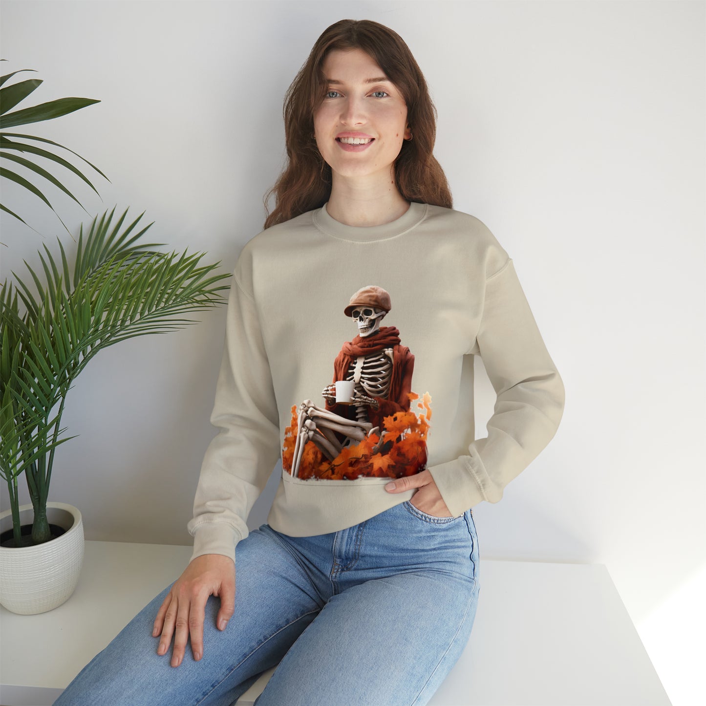 Skeleton in Fedora Sitting With Fall Leaves Halloween Sweatshirt