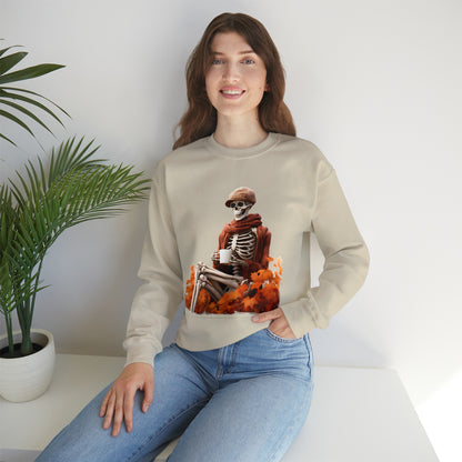 Skeleton in Fedora Sitting With Fall Leaves Halloween Sweatshirt