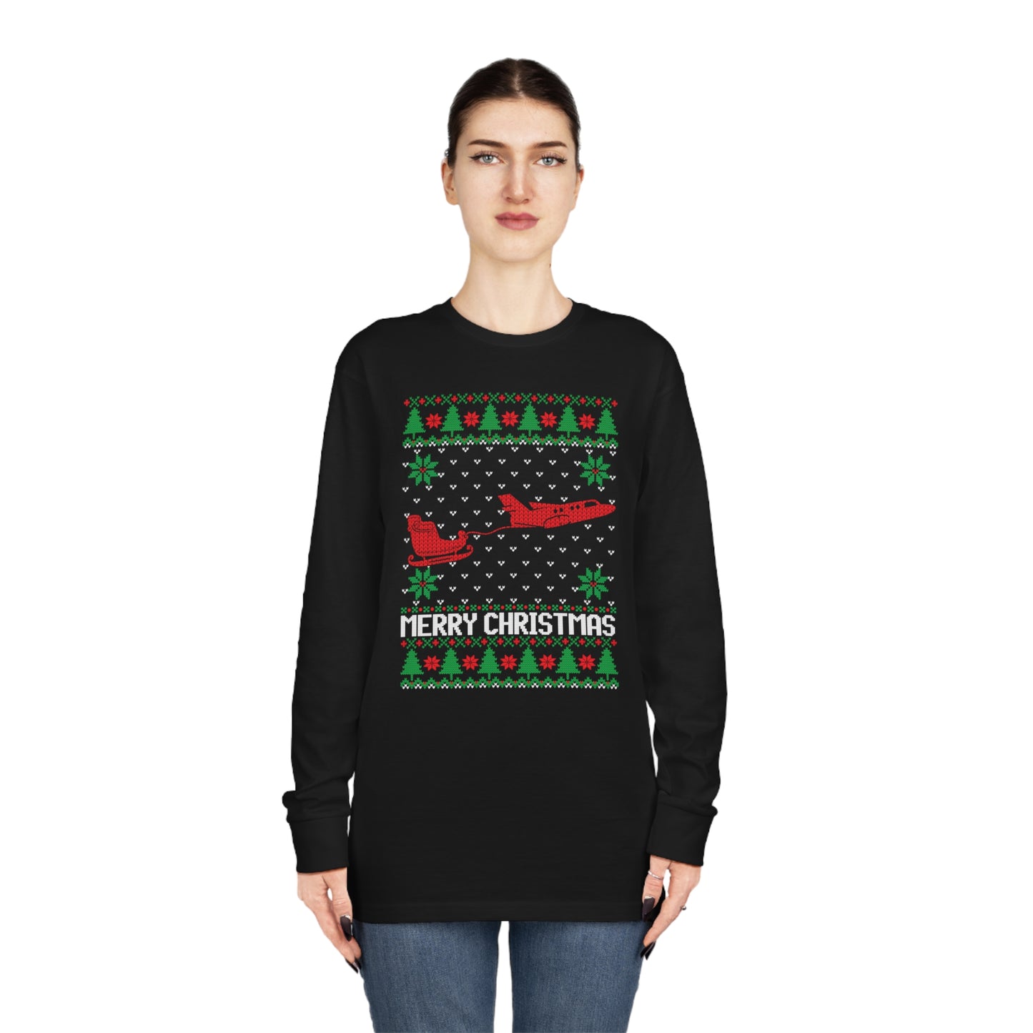 Santa's Sleigh Pulled by Airplane Ugly Christmas Sweater Long Sleeve T-shirt