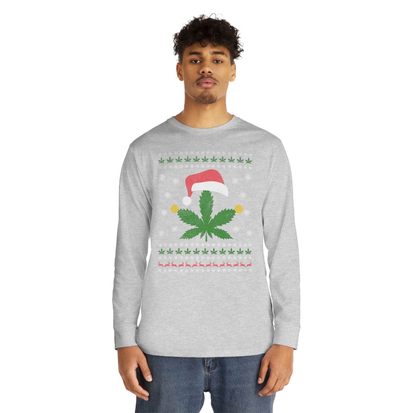 Cannabis Leaf in Santa Hat Christmas Ugly Sweater Long Sleeve T-shirt