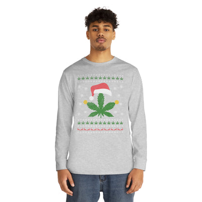 Cannabis Leaf in Santa Hat Christmas Ugly Sweater Long Sleeve T-shirt