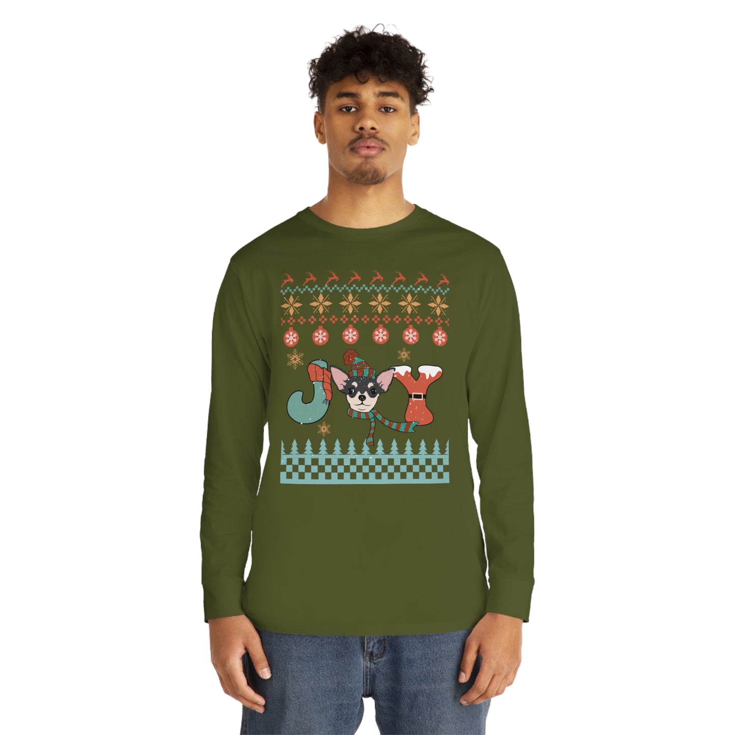 Joy Chihuahua Dog Christmas Ugly Sweater Long Sleeve Tee