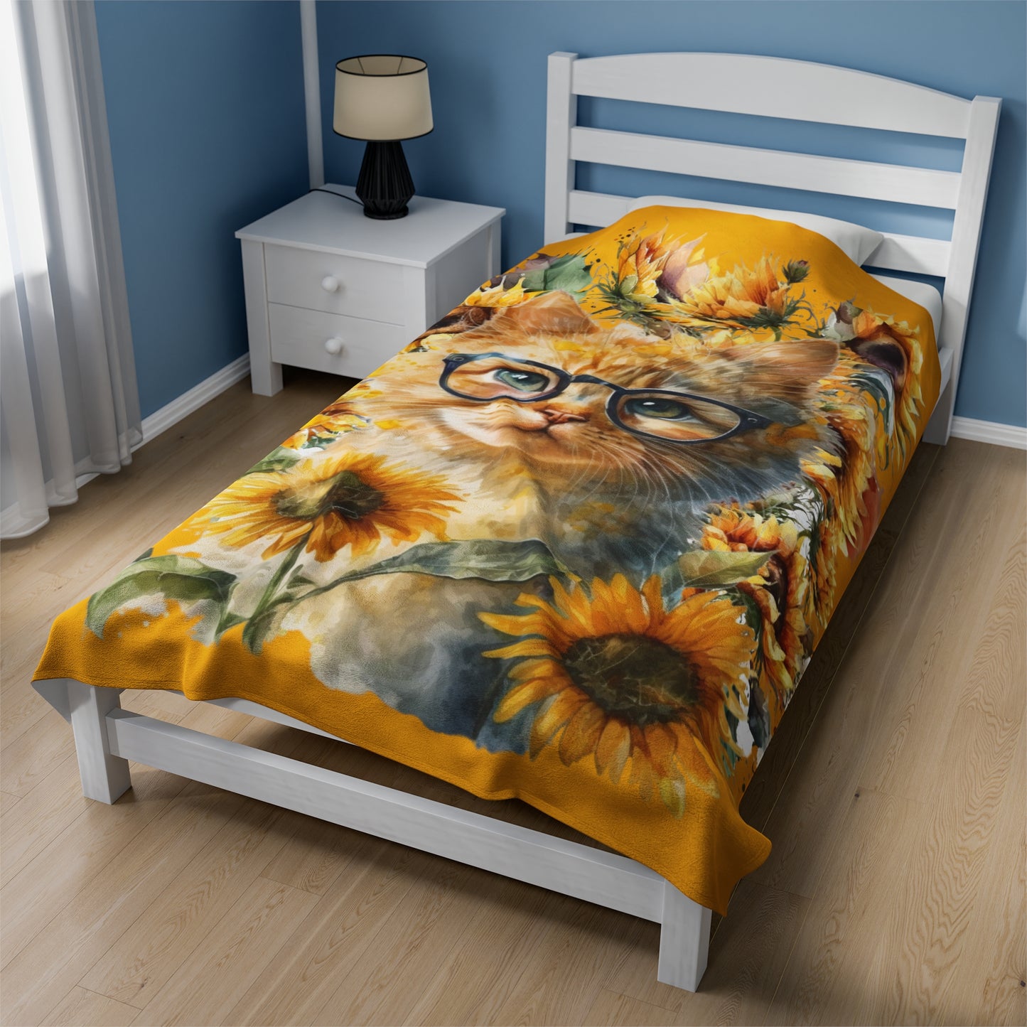 Watercolor Yellow Sunflowers with Cat in Glasses Blanket