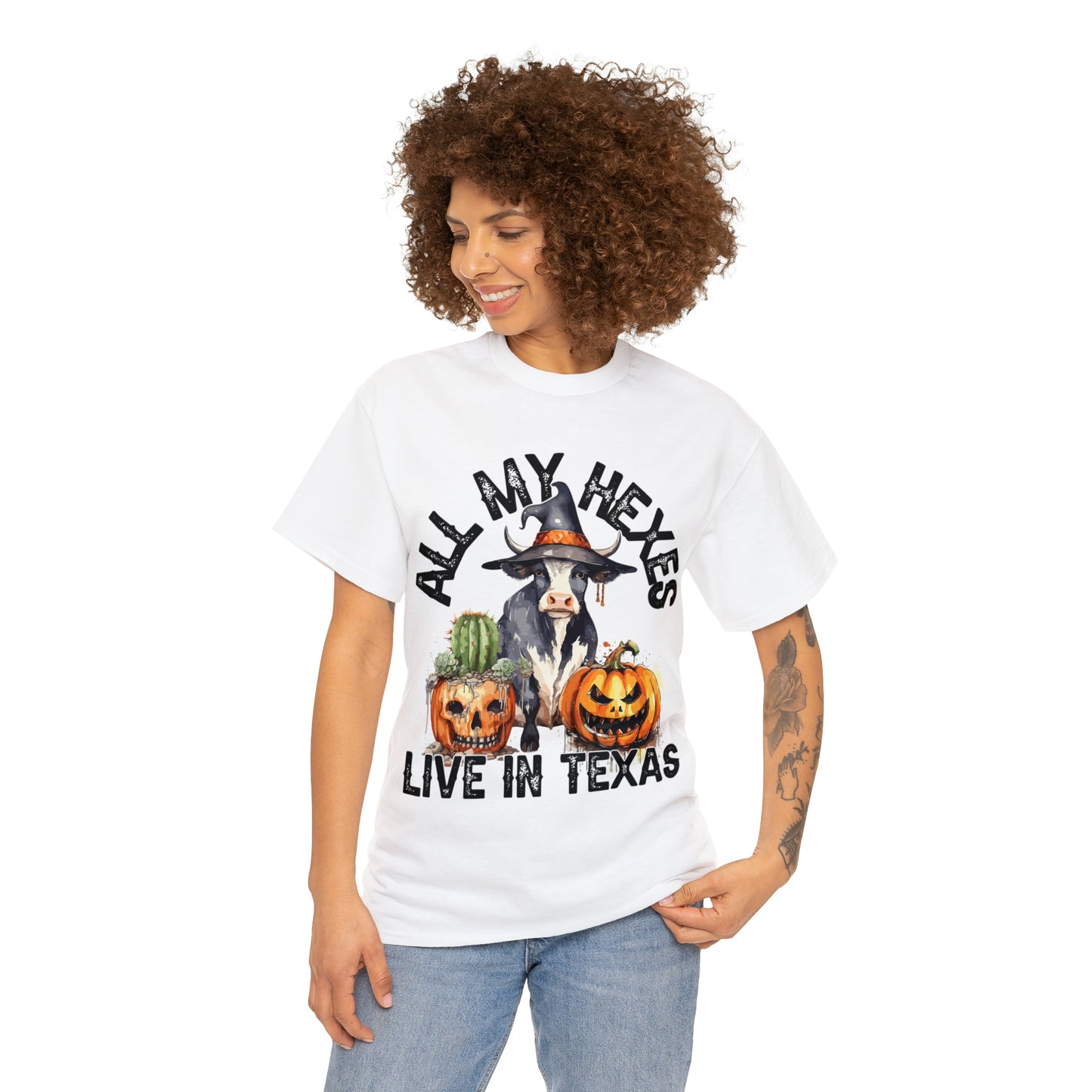 All My Hexes Live In Texas Cow With Pumpkins Halloween Short Sleeve Tee