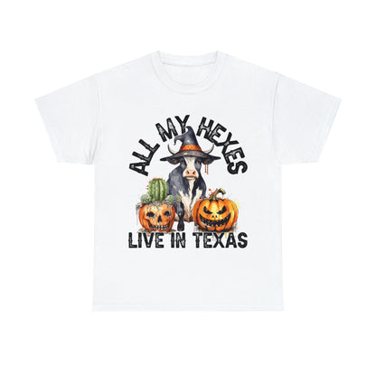 All My Hexes Live In Texas Cow With Pumpkins Halloween Short Sleeve Tee