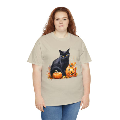 Black Cat with Pumpkin Halloween Short Sleeve Tee