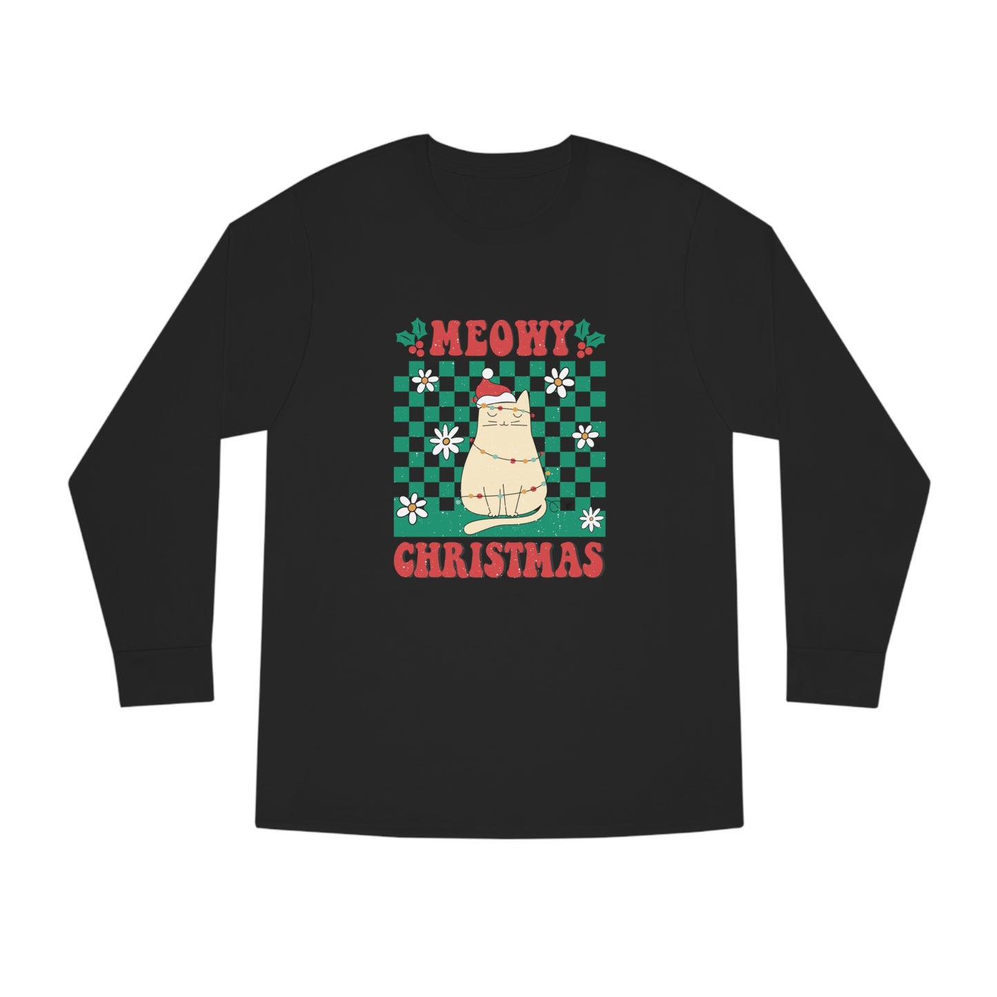 Meowy Christmas Cat In Christmas Lights Green Ugly Sweater Long Sleeve Tee