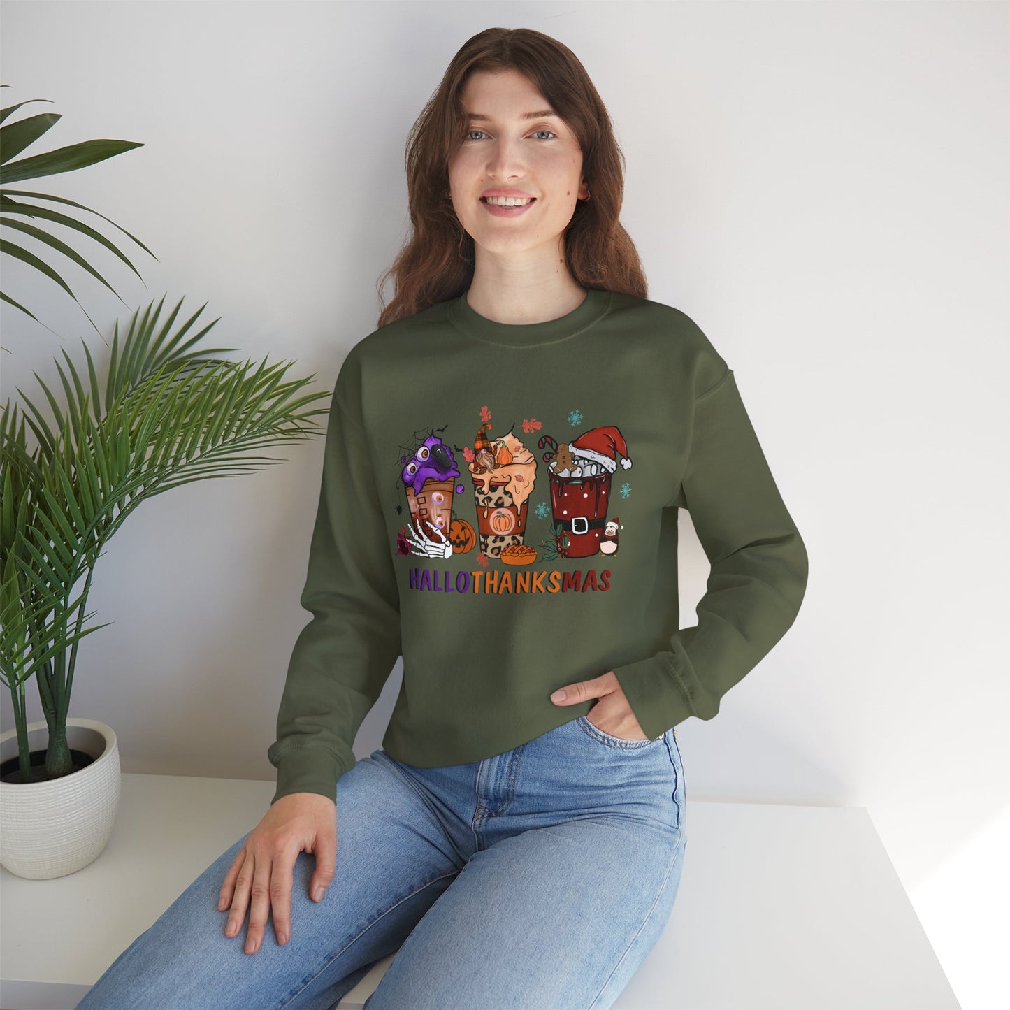 Hallothanksmas Coffee Sweatshirt Halloween Thanksgiving Christmas