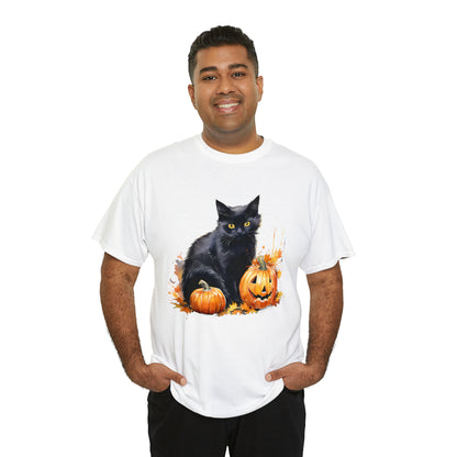 Black Cat with Pumpkin Halloween Short Sleeve Tee