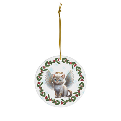 White Angel Cat Kitten Christmas Ceramic Ornament