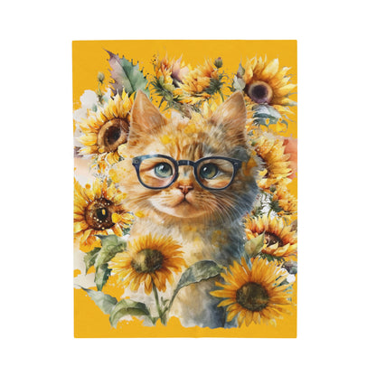 Watercolor Yellow Sunflowers with Cat in Glasses Blanket