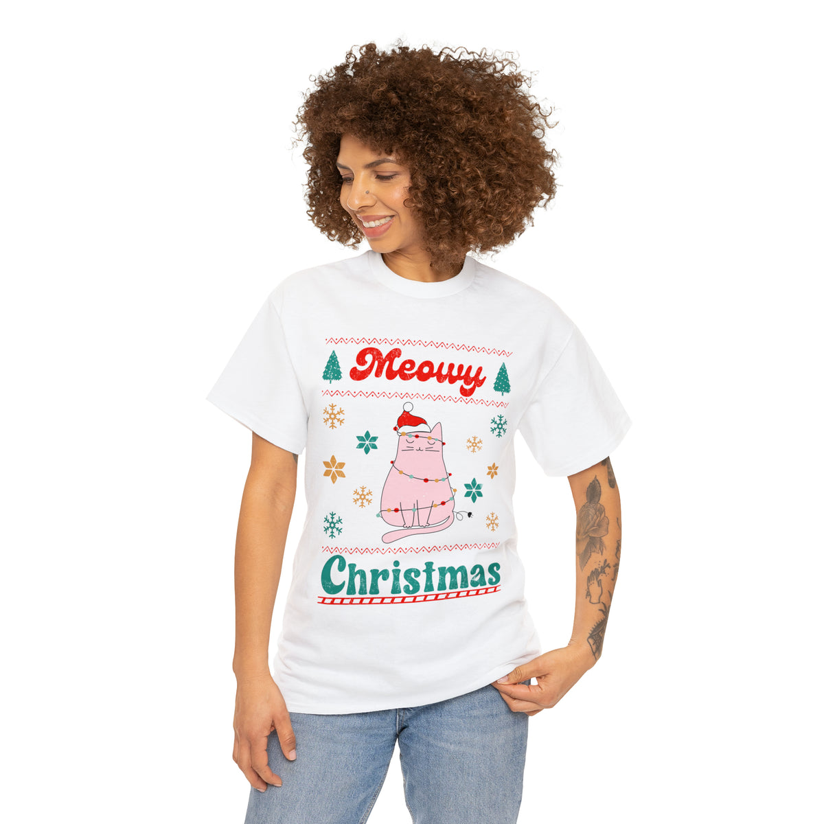 Meowy Christmas Cat In Lights Ugly Sweater Short Sleeve Tee