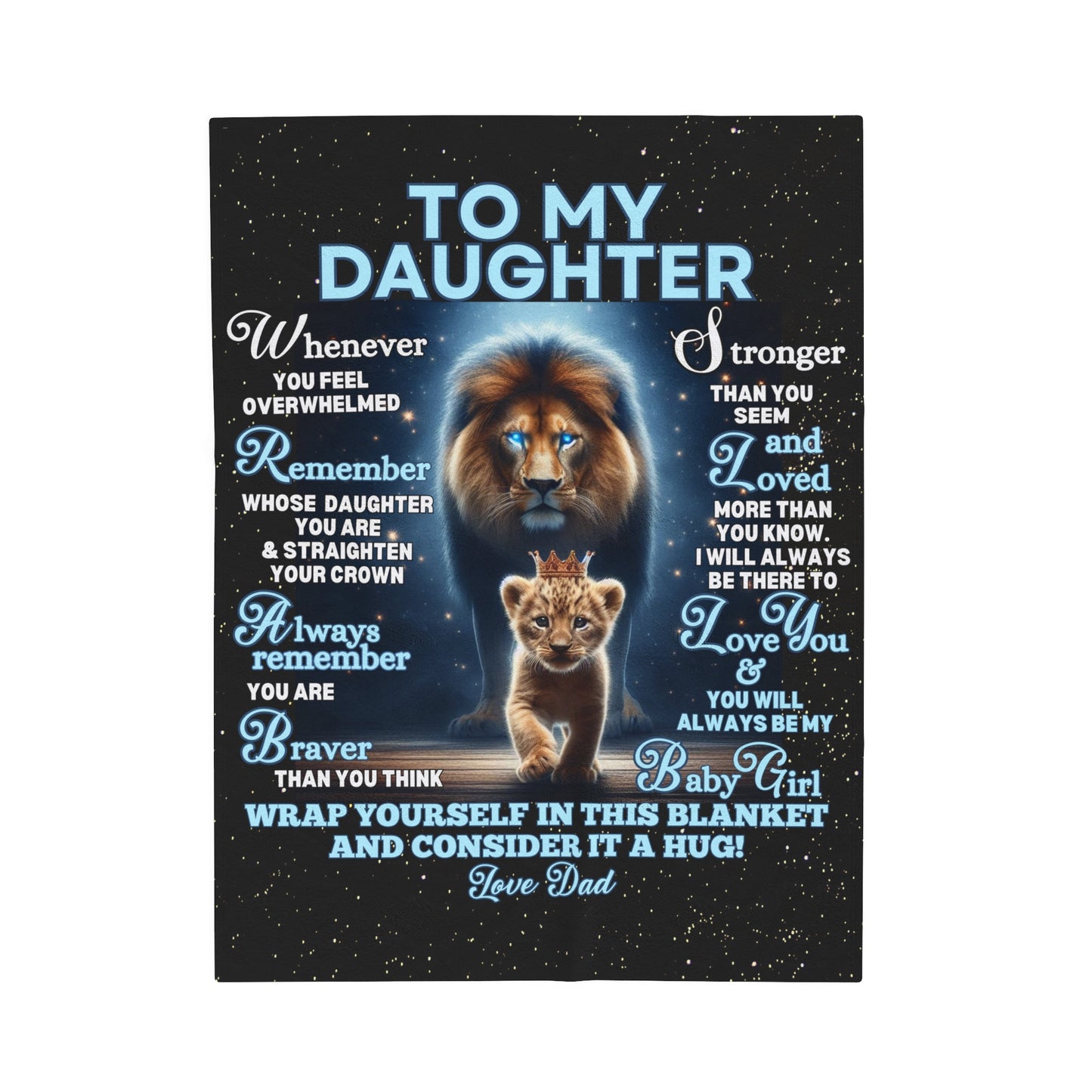 Lion and Cub Velveteen Plush Blanket for Daughter with Crown and Heartwarming Message from Dad