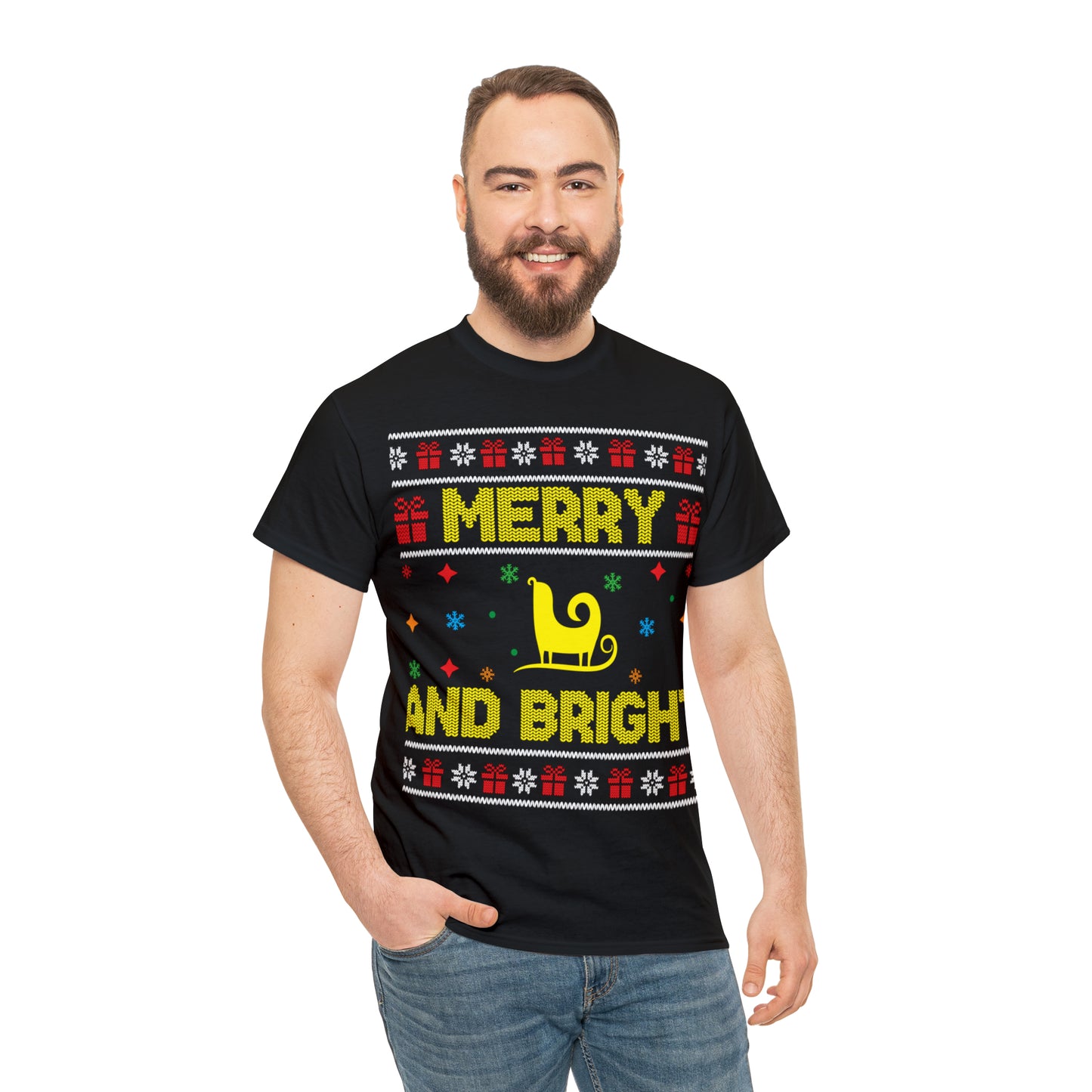 Merry and Bright Sleigh Christmas Ugly Sweater Short Sleeve Tee