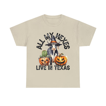 All My Hexes Live In Texas Cow With Pumpkins Halloween Short Sleeve Tee