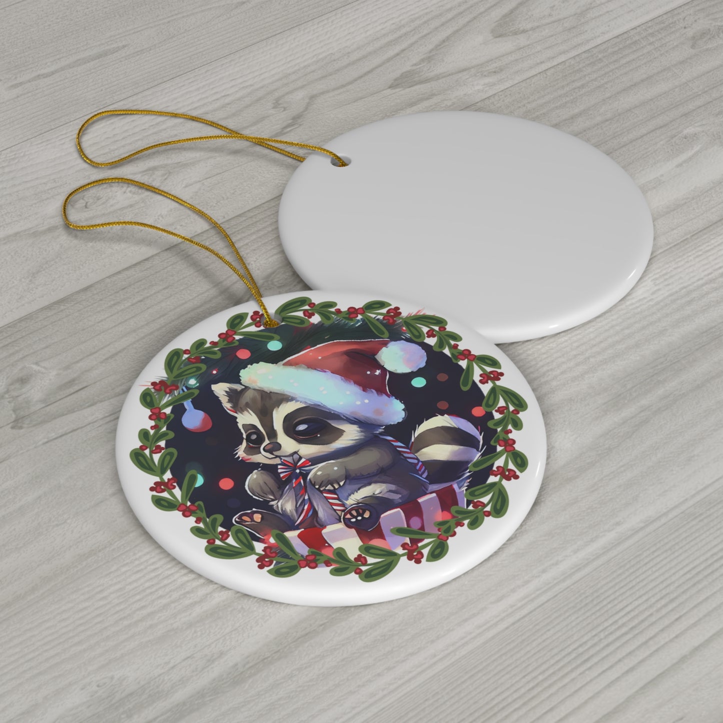 Raccoon in Santa Hat Christmas Ceramic Ornament