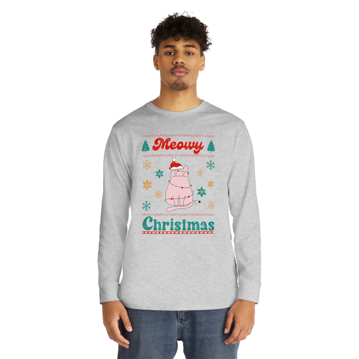 Meowy Christmas Cat In Christmas Lights Ugly Sweater Long Sleeve Tee