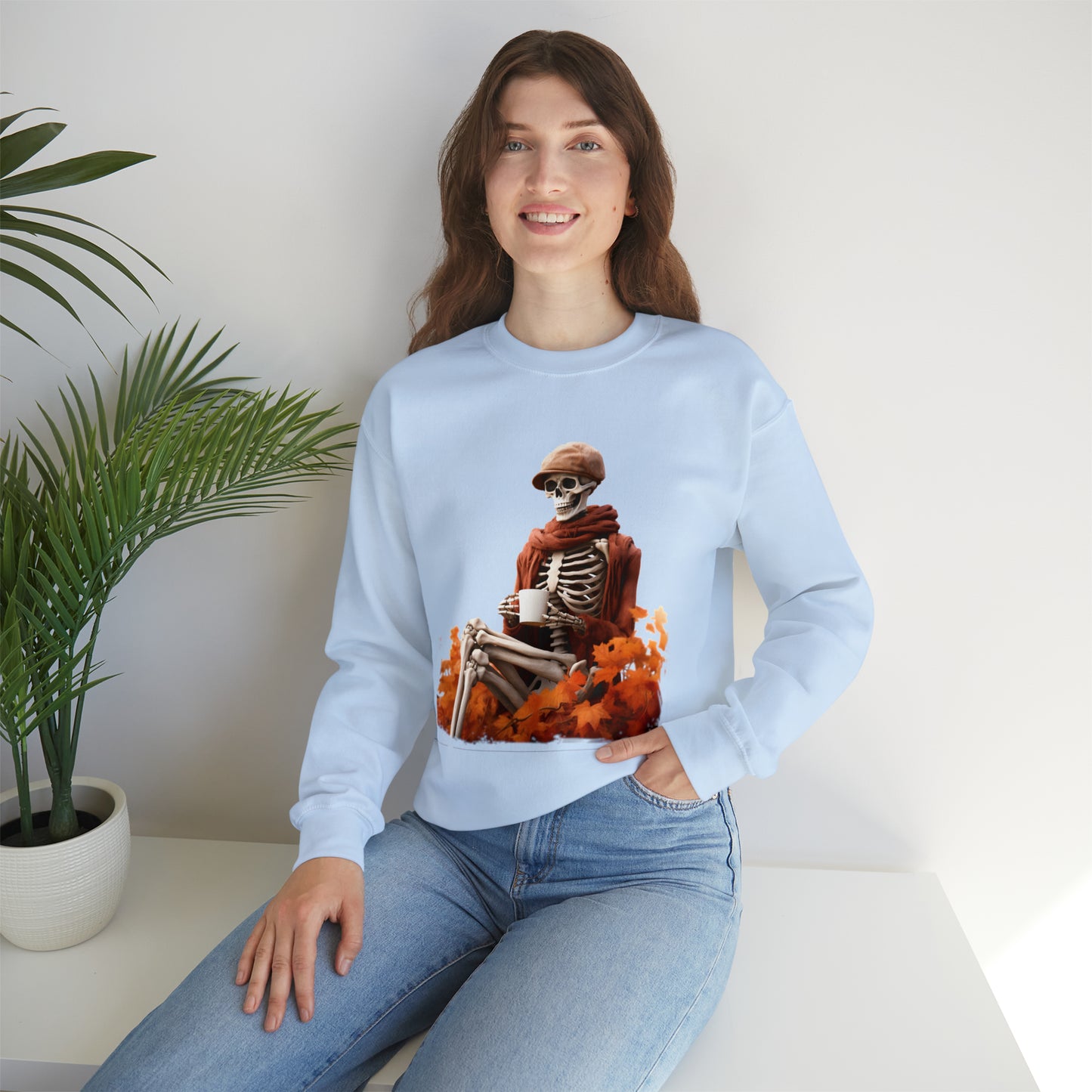 Skeleton in Fedora Sitting With Fall Leaves Halloween Sweatshirt