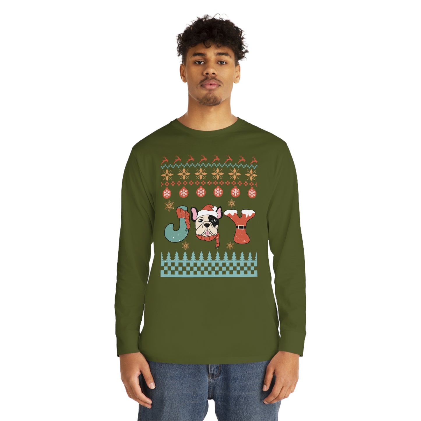 Joy French Bulldog Frenchie Dog Christmas Ugly Sweater Long Sleeve Tee