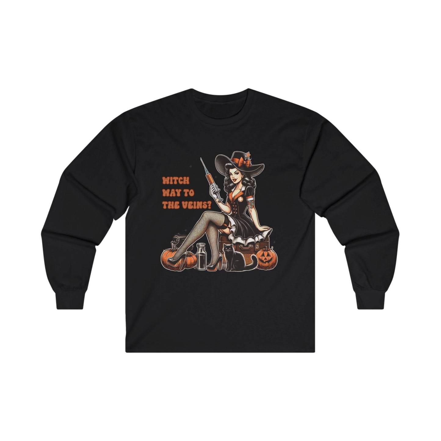 Phlebotomist Halloween Witch Way To The Veins Long Sleeve T-Shirt