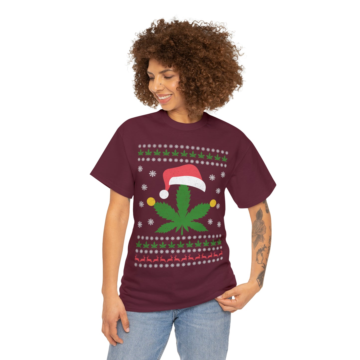 Cannabis Leaf in Santa Hat Christmas Ugly Sweater Short Sleeve Tee