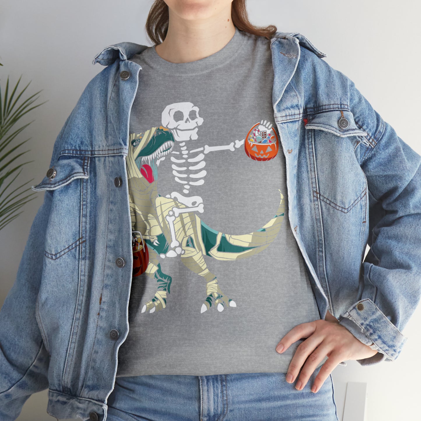 Skeleton Riding Mummy Dinosaur Halloween Short Sleeve Tee