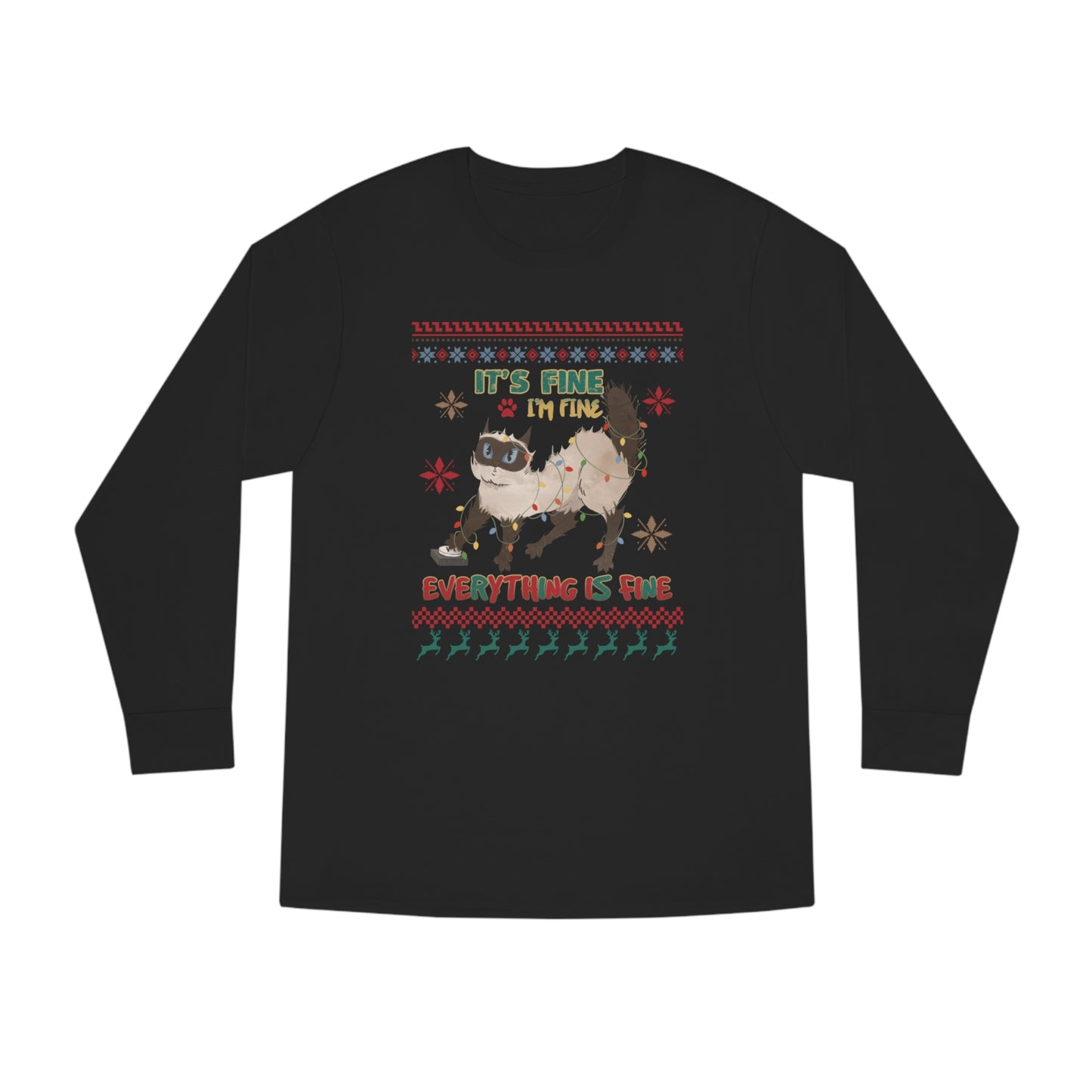 It's Fine I'm Fine Everything is Fine Cat in Lights Christmas Ugly Sweater Long Sleeve T-shirt