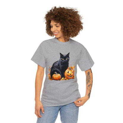 Black Cat with Pumpkin Halloween Short Sleeve Tee