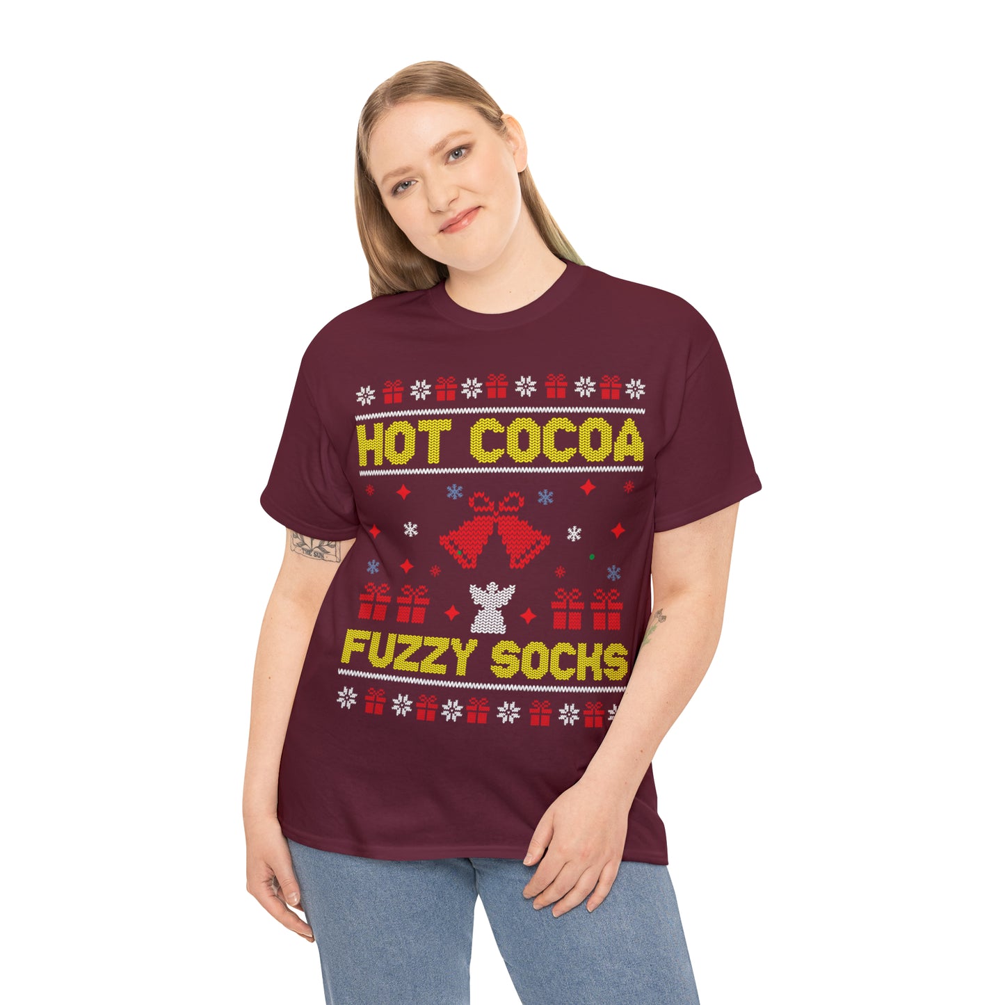 Hot Cocoa Fuzzy Socks Christmas Ugly Sweater Short Sleeve Tee