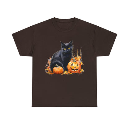 Black Cat with Pumpkin Halloween Short Sleeve Tee