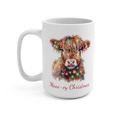 Highland Cow in Christmas Lights Mooo-ey Christmas Mug 15oz