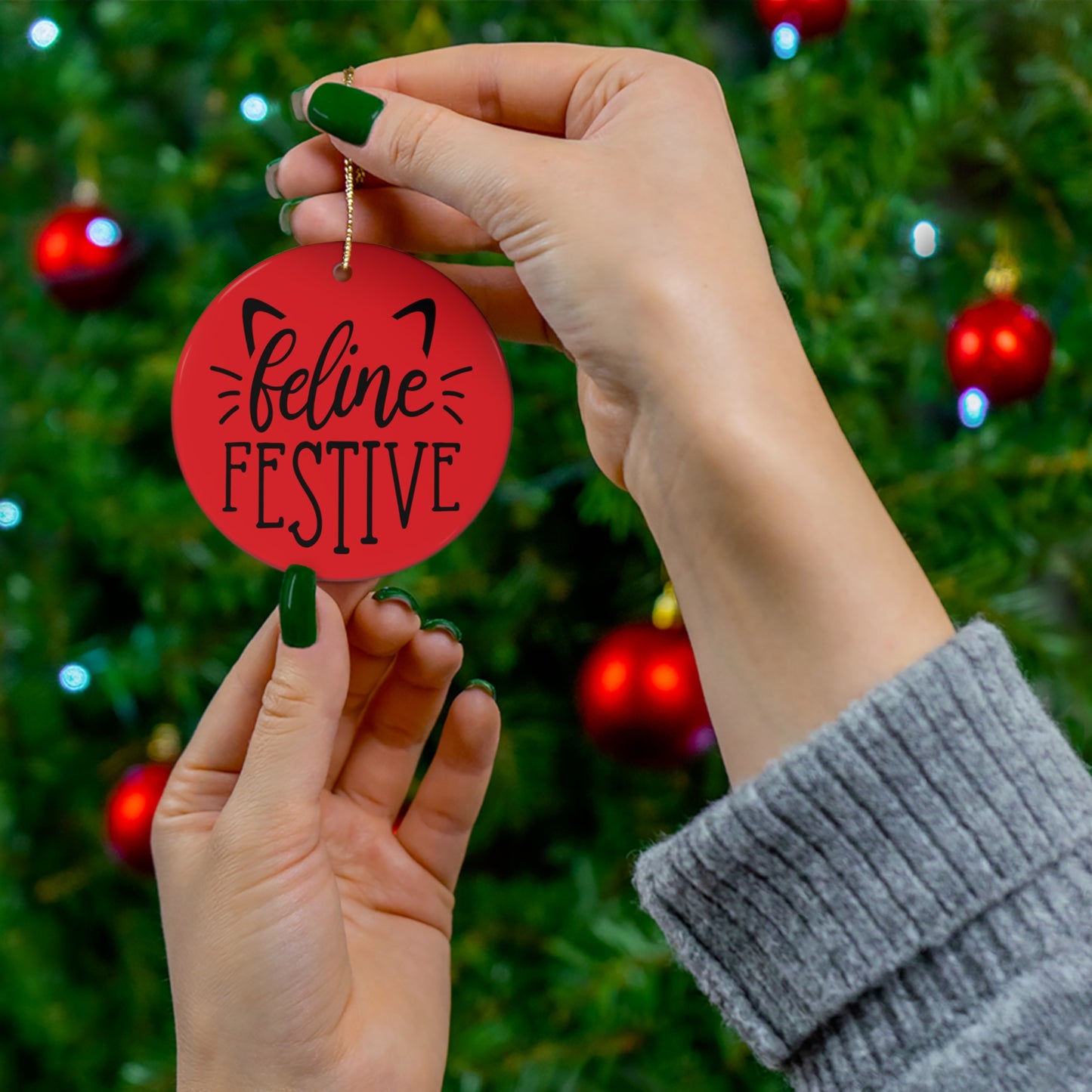 Feline Festive Christmas Ceramic Ornament