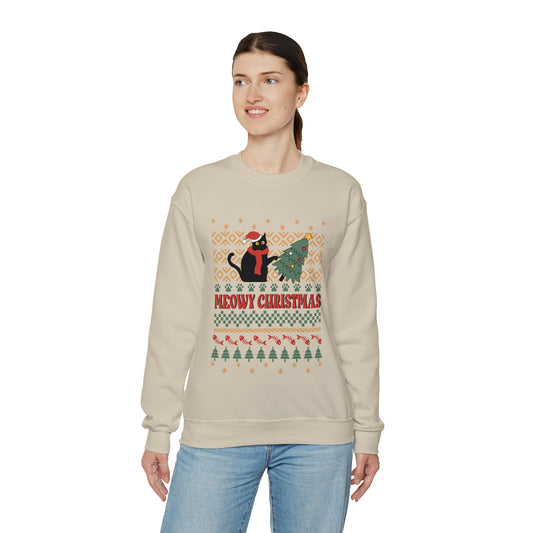 Meowy Christmas Cat Tipping Over Tree Ugly Sweater  Sweatshirt