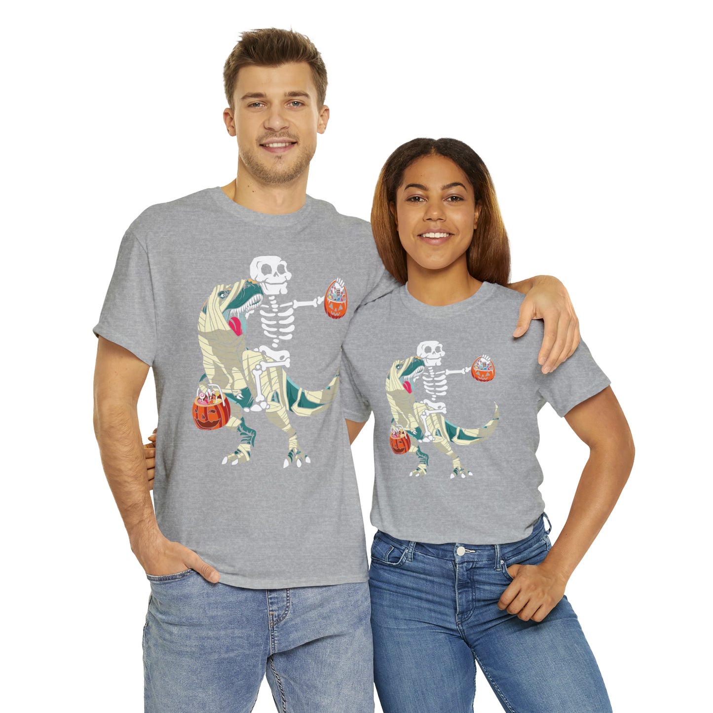 Skeleton Riding Mummy Dinosaur Halloween Short Sleeve Tee