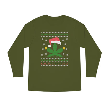 Cannabis Leaf in Santa Hat Christmas Ugly Sweater Long Sleeve T-shirt