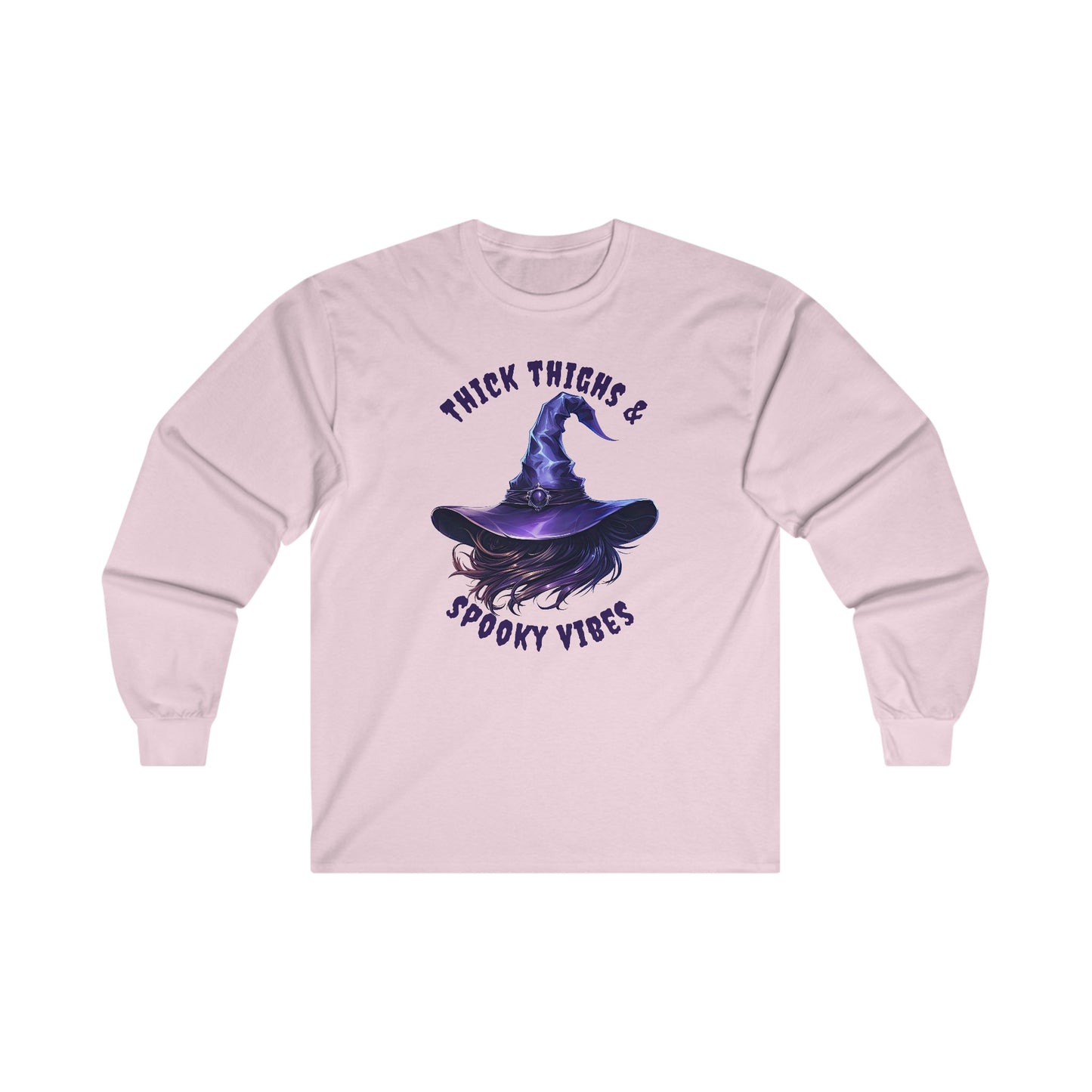 Thick Thighs And Spooky Vibes Witch Hat Halloween Long Sleeve Tee