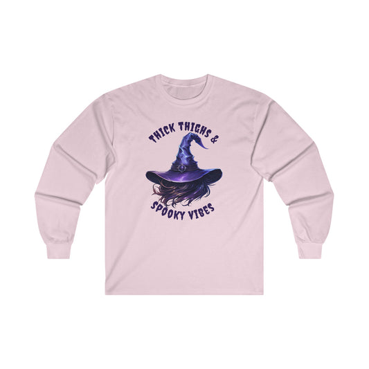 Thick Thighs And Spooky Vibes Witch Hat Halloween Long Sleeve Tee